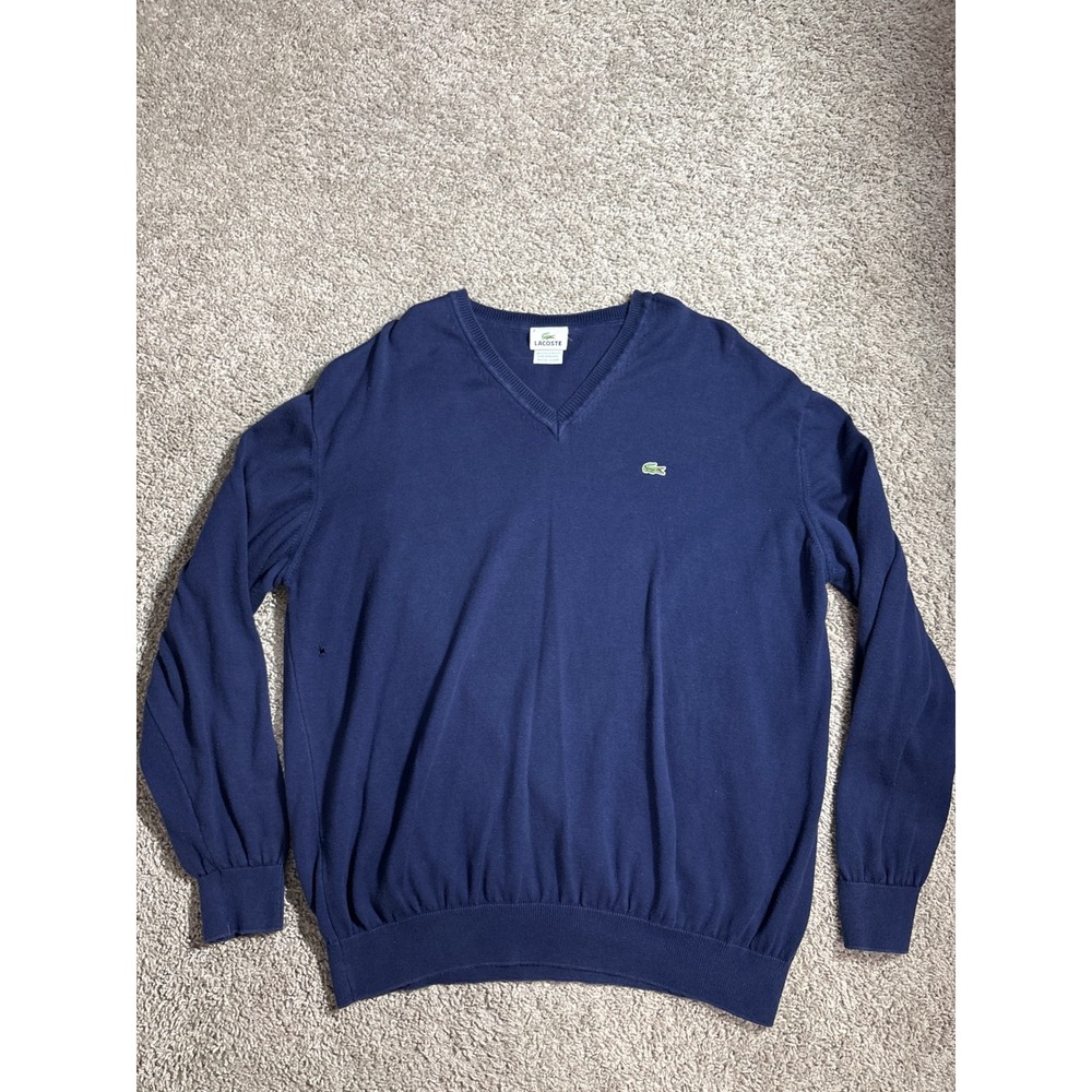 Y2K Lacoste Mens Navy Blue V-Neck Cotton Sweater Size 8 Long Sleeve Logo